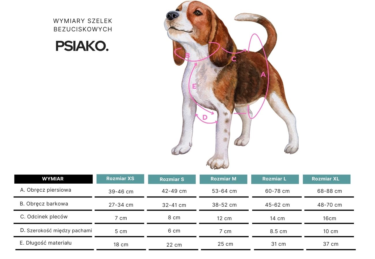 Jak zmierzyć psa do szelek bezuciskowych — schemat A B C D E